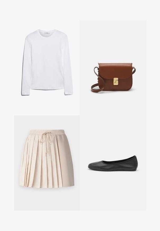 Dlhý rukáv biely tričko vyrobené z rebrovanej bavlny, s okrúhlym výstrihom a rovnými okrajmi. Jednoduchý dizajn bez vzorov alebo akcentov.; Záplihovú sukňu v svetlej béžovej farbe, vyrobenú z mäkkej látky. Obsahuje elastický pás so šnúrkou a vertikálne záhyby pre štruktúru.; Čierne kožené baleríny s okrúhlou špičkou, hladkým povrchom, minimálnym prešívaním a flexibilným dizajnom podrážky.; Hnedá kožená kabelka s klopou, zlatými kovovými prvkami, ramenným popruhom a hladkým povrchom. Kompaktný obdĺžnikový tvar.