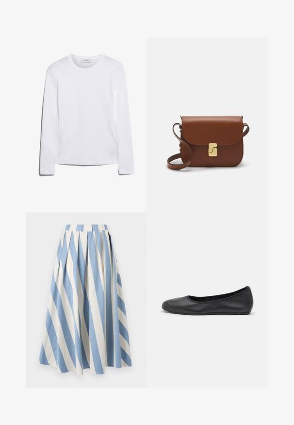 Bílé tričko s dlouhým rukávem vyrobené z žebrované bavlny, s kulatým výstřihem a rovnými lemy. Jednoduchý design bez vzorů nebo akcentů.; Plisovaná sukně s diagonálními pruhy v jemně modré a krémové barvě. Má elastický pás a měkkou bavlněnou texturu.; Černé kožené baletní byty s kulatou špičkou, hladkou texturou, minimálními švy a flexibilním designem podrážky.; Hnědá kožená kabelka s klopou, zlatými kovovými detaily, ramenním popruhem a hladkým povrchem. Kompaktní obdélníkový tvar.