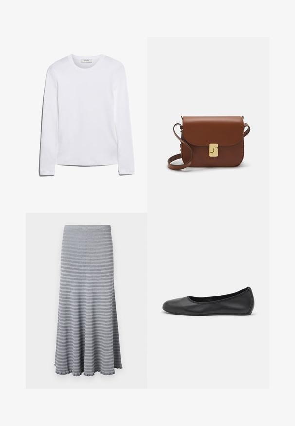 Pitkähihainen valkoinen T-paita, joka on valmistettu ribbitetystä puuvillasta, ja siinä on pyöreä kaula-aukko sekä suora helma. Yksinkertainen muotoilu ilman kuvioita tai yksityiskohtia.; Harsohvaalen neulepitsihame harmaana vaakaoravilla. Varustettu muotoillulla vyötäröllä ja röyhelöhelmalla. Pehmeä rakenne ja laskeutuva muoto.; Musta nahkainen ballerina, jossa on pyöristetty kärki, sileä pinta, minimaalinen ommelkoristelu ja joustava pohjamuotoilu.; Ruskea nahkainen käsilaukku, jossa on läppäkiinnitys, kultasävyiset yksityiskohdat, olkahihna ja sileä pinta. Kompaktin suorakaiteen muotoinen.