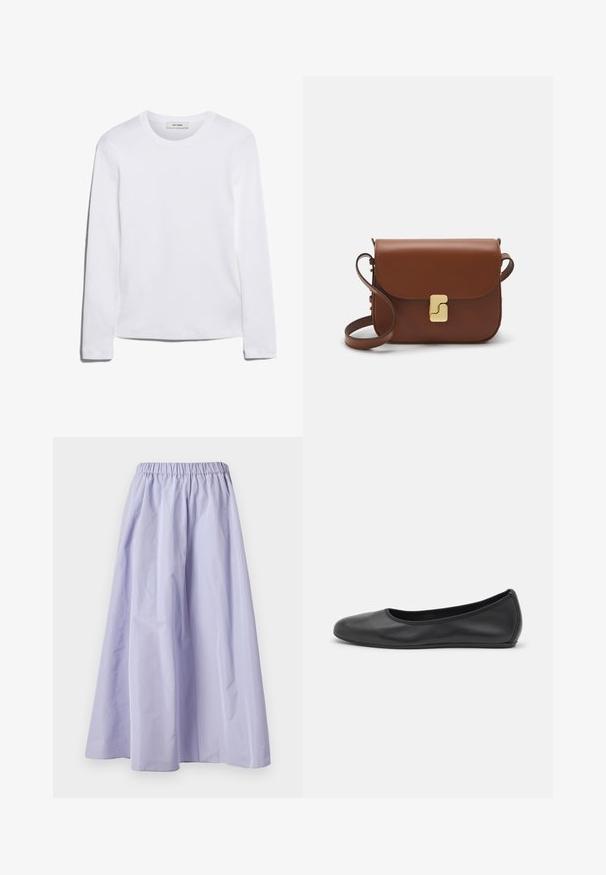 Pitkähihainen valkoinen T-paita, joka on valmistettu ribbitetystä puuvillasta, ja siinä on pyöreä kaula-aukko sekä suora helma. Yksinkertainen muotoilu ilman kuvioita tai yksityiskohtia.; Laventelin leveälahkeinen hame, joka on valmistettu kevyestä kankaasta. Hameessa on joustava vyötärönauha, sileä pinta ja virtaava siluetti.; Musta nahkainen ballerina, jossa on pyöristetty kärki, sileä pinta, minimaalinen ommelkoristelu ja joustava pohjamuotoilu.; Ruskea nahkainen käsilaukku, jossa on läppäkiinnitys, kultasävyiset yksityiskohdat, olkahihna ja sileä pinta. Kompaktin suorakaiteen muotoinen.