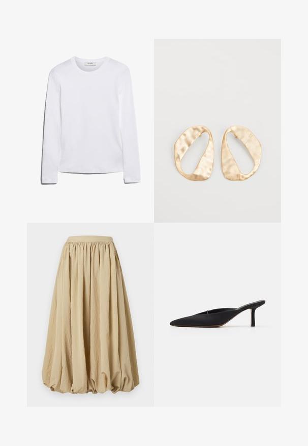 Long-sleeve white T-shirt made of ribbed cotton, featuring a round neckline and a straight hem. Simple design with no patterns or accents.; Beige midi skirt with gathered waistband, flowing fabric, and voluminous shape, featuring a textured surface and subtle crease details.; Black pointed-toe mule with a sleek design, made of smooth fabric, featuring a slender heel and open back for easy wear.; Pair of irregular oval-shaped gold-toned metal earrings with a textured, slightly hammered surface on a white background.