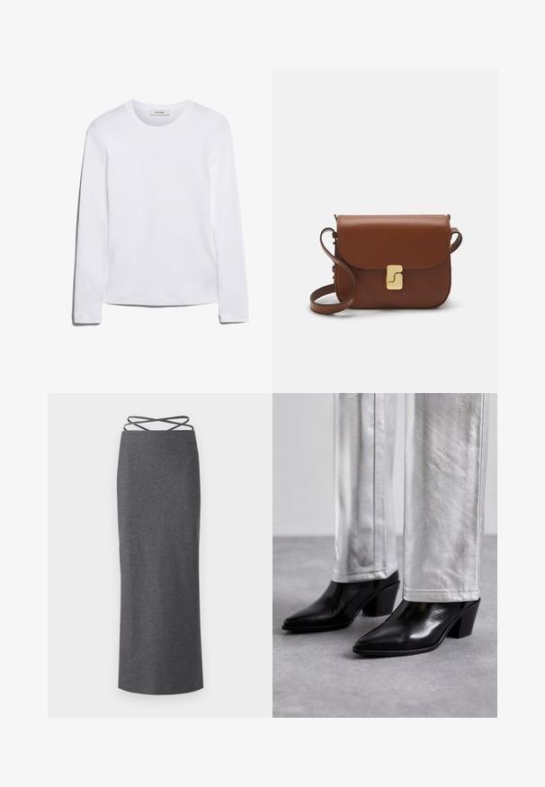 Pitkähihainen valkoinen T-paita, joka on valmistettu ribbitetystä puuvillasta, ja siinä on pyöreä kaula-aukko sekä suora helma. Yksinkertainen muotoilu ilman kuvioita tai yksityiskohtia.; Hame midi harmaa, joka on valmistettu pehmeästä ja joustavasta kankaasta. Siinä on suora siluetti ja ristikkäiset hihnat vyötäröllä turvallisen istuvuuden takaamiseksi.; Mustat nahkaiset nilkkakengät, joissa on terävä kärki ja lohkare korko, yhdistettyinä kiiltävien hopeisten housujen kanssa, tuoden esiin tyylikkäitä tekstuureja ja kontrastoivia värejä.; Ruskea nahkainen käsilaukku, jossa on läppäkiinnitys, kultasävyiset yksityiskohdat, olkahihna ja sileä pinta. Kompaktin suorakaiteen muotoinen.