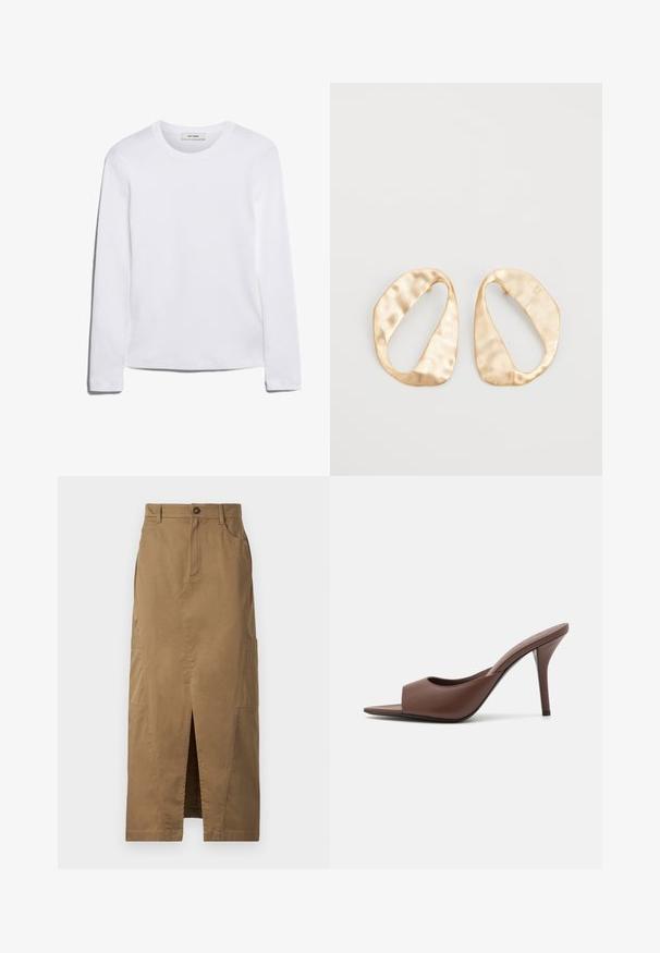 Dlhý rukáv biely tričko vyrobené z rebrovanej bavlny, s okrúhlym výstrihom a rovnými okrajmi. Jednoduchý dizajn bez vzorov alebo akcentov.; Khaki maxi sukňa vyrobená z bavlnenej zmesi, s predným rozparkom, bočnými vreckami a gombíkovým zapínaním v páse. Hladká textúra.; Hnedé kožené sandále na vysokom opätku s otvorenou špičkou a elegantným dizajnom, s širokým predným pásikom a štíhlou stiletto pätou.; Pár nepravidelných oválnych zlatistých kovových náušníc s textúrovaným, mierne rozbitým povrchom na bielom pozadí.