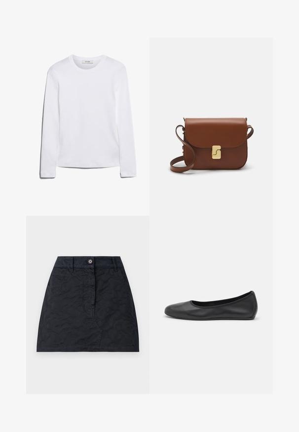 T-shirt blanc à manches longues en coton côtelé, avec un col rond et un ourlet droit. Design simple sans motifs ni accents.; Jupe noire à motif texturé, dotée d'une fermeture à boutons sur le devant, de deux poches et d'une coupe ajustée. Fabriquée en tissu durable.; Ballerines en cuir noir avec un bout rond, texture lisse, détails de couture minimalistes et design de semelle flexible.; Sac à main en cuir marron avec une fermeture à rabat, des accents en métal doré, une bandoulière et une texture lisse. Forme rectangulaire compacte.