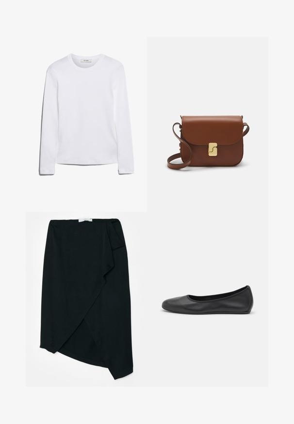 Pitkähihainen valkoinen T-paita, joka on valmistettu ribbitetystä puuvillasta, ja siinä on pyöreä kaula-aukko sekä suora helma. Yksinkertainen muotoilu ilman kuvioita tai yksityiskohtia.; Mustat kietaisuhameet kevyestä kankaasta, jossa on hienovarainen rakenne. Epäsymmetrinen helma ja sivulaskostiedot. Ei näkyvää metalliosaa tai koristeita.; Musta nahkainen ballerina, jossa on pyöristetty kärki, sileä pinta, minimaalinen ommelkoristelu ja joustava pohjamuotoilu.; Ruskea nahkainen käsilaukku, jossa on läppäkiinnitys, kultasävyiset yksityiskohdat, olkahihna ja sileä pinta. Kompaktin suorakaiteen muotoinen.