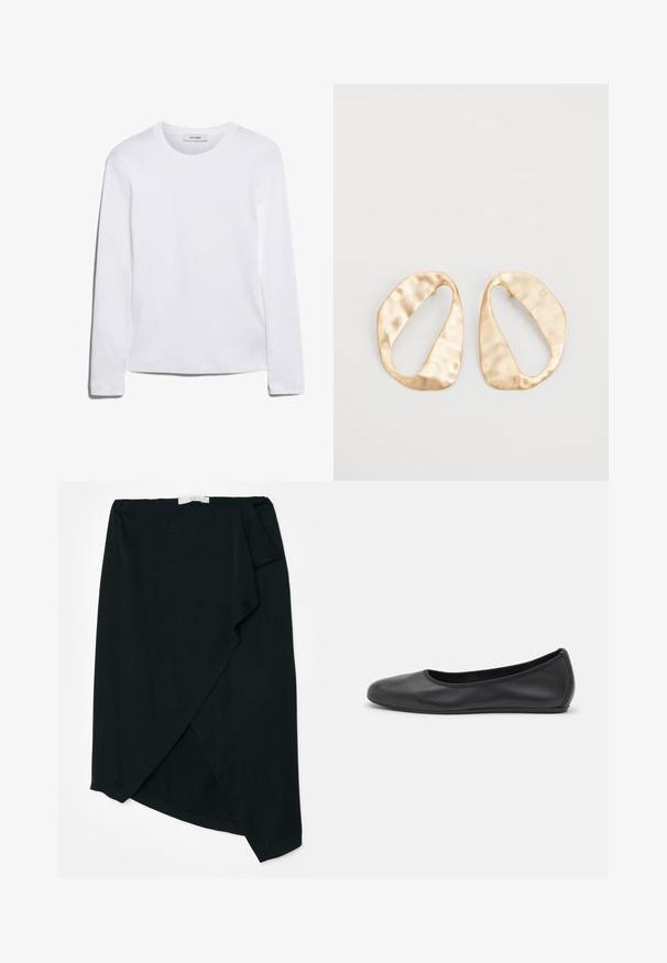 Long-sleeve white T-shirt made of ribbed cotton, featuring a round neckline and a straight hem. Simple design with no patterns or accents.; Black wrap skirt in lightweight fabric with a subtle texture. Asymmetrical hemline and side pleat detail. No visible hardware or accents.; Black leather ballet flat with a rounded toe, smooth texture, minimal stitching detail, and a flexible sole design.; Pair of irregular oval-shaped gold-toned metal earrings with a textured, slightly hammered surface on a white background.