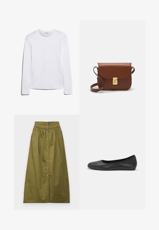 Pitkähihainen valkoinen T-paita, joka on valmistettu ribbitetystä puuvillasta, ja siinä on pyöreä kaula-aukko sekä suora helma. Yksinkertainen muotoilu ilman kuvioita tai yksityiskohtia.; Vanessa Bruno DARJA - A-linjainen hame - safari; Musta nahkainen ballerina, jossa on pyöristetty kärki, sileä pinta, minimaalinen ommelkoristelu ja joustava pohjamuotoilu.; Ruskea nahkainen käsilaukku, jossa on läppäkiinnitys, kultasävyiset yksityiskohdat, olkahihna ja sileä pinta. Kompaktin suorakaiteen muotoinen.