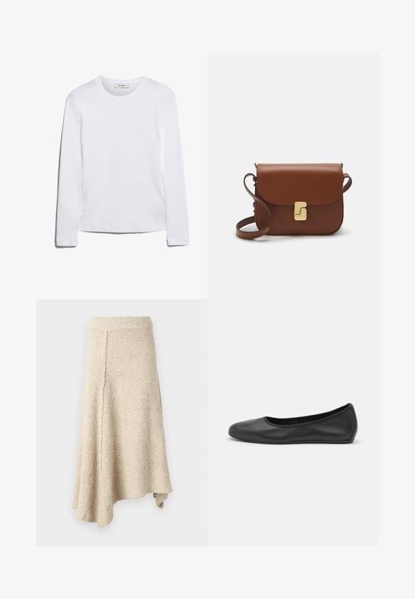 Hosszú ujjú fehér póló bordázott pamutból, kerek nyakkivágással és egyenes szegéllyel. Egyszerű dizájn, minta vagy díszítések nélkül.; Beige színű, texturált szoknya fodros szegéllyel, magas derekú és aszimmetrikus szabású, puha kötött anyagból készült.; Fekete bőr balettcipő lekerekített orral, sima tekstúrával, minimális varrással és rugalmas talp kialakítással.; Barna bőr kézitáska, hajtókás zárással, arany színű fém kiegészítőkkel, vállpánttal és sima felülettel. Kompakt téglalap alakú.