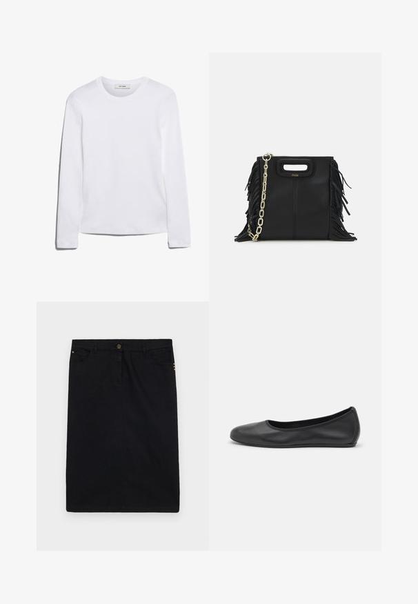 Tricou alb cu mânecă lungă, din bumbac cu dungi, având decolteu rotund și tiv drept. Design simplu, fără modele sau accente.; Fustă din denim negru cu croială dreaptă, având închidere frontală cu buton și fermoar, cinci buzunare și accente metalice aurii pe lateral.; Balerini din piele neagră, cu vârf rotund, textură netedă, detalii de cusătură minimale și un design al tălpii flexibil.; Geantă de mână din piele neagră cu detalii din franjuri, curea de umăr din lanț auriu și un mâner cu tăietură. Prezintă plasarea logo-ului pe față.