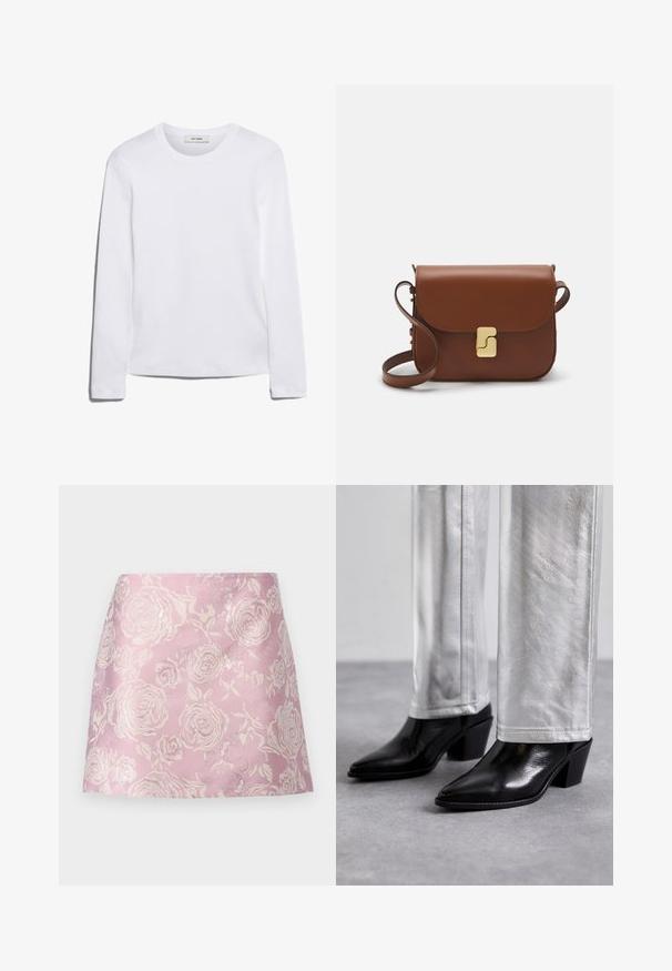 Langärmliges weißes T-Shirt aus geripptem Baumwollstoff, mit rundem Ausschnitt und geradem Saum. Einfaches Design ohne Muster oder Akzente.; iBlues CAIRO - Minirock - rosa; Schwarze Leder-Stiefeletten mit spitzem Zehenbereich und Blockabsatz, kombiniert mit glänzenden silbernen Hosen, die elegante Texturen und kontrastierende Farben zur Geltung bringen.; Braune Ledertasche mit Klappenverschluss, Beschlägen in Goldfarbe, einem Schultergurt und einer glatten Oberfläche. Kompakte rechteckige Form.