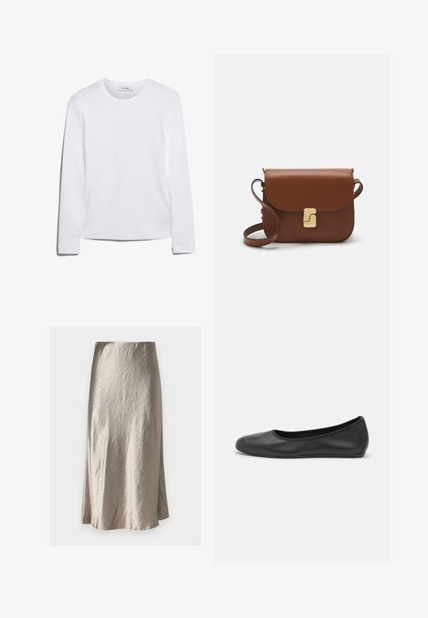 T-shirt bianco a maniche lunghe realizzato in cotone a coste, con scollo rotondo e orlo dritto. Design semplice senza motivi o accenti.; Max Mara Leisure ALESSIO - Gonna a campana - tortora; Pantofole da balletto nere in pelle con punta arrotondata, texture liscia, dettagli di cucitura minimi e design con suola flessibile.; Borsa a tracolla in pelle marrone con chiusura a pattina, hardware color oro, tracolla e una finitura liscia. Forma rettangolare compatta.