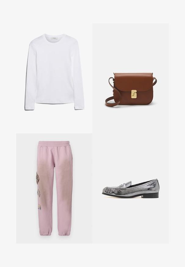 Tricou alb cu mânecă lungă, din bumbac cu dungi, având decolteu rotund și tiv drept. Design simplu, fără modele sau accente.; Pantaloni de trening roz cu talie elastică, cu petice decorative în formă de diamant pe partea stângă și manșete elastice la glezne.; Loafer din piele metalizată argintie, cu o finisare texturată, având un detaliu cu franjuri și un toc jos negru. Formă clasică și elegantă.; Geantă de piele maro cu închidere tip capac, accesorii de culoare aurie, curea de umăr și o textură netedă. Formă compactă și rectangulară.