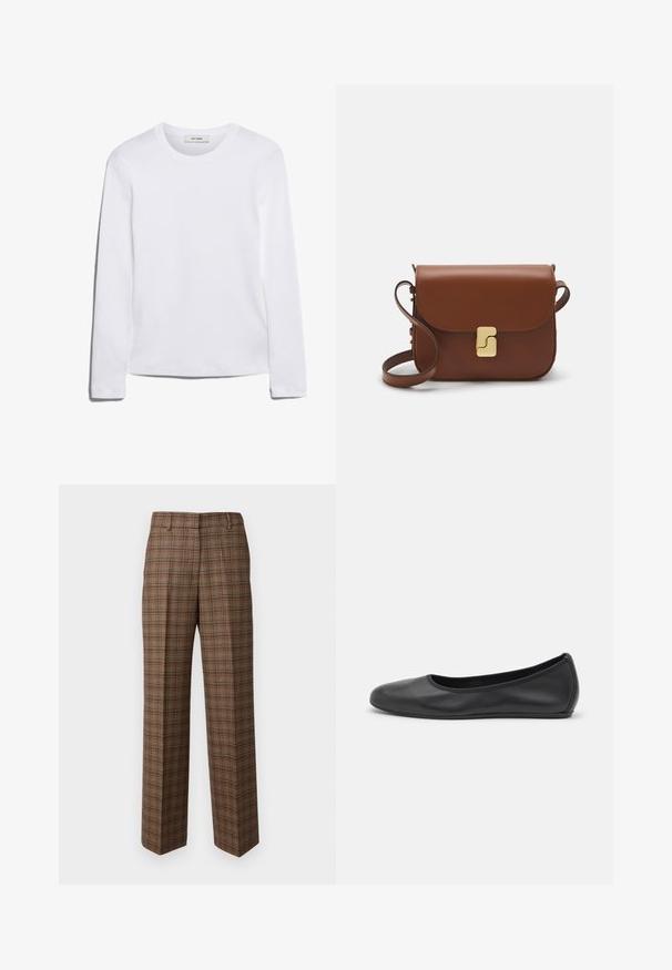 T-shirt blanc à manches longues en coton côtelé, avec un col rond et un ourlet droit. Design simple sans motifs ni accents.; WEEKEND MaxMara KATANA - Pantalon classique - nocciola; Ballerines en cuir noir avec un bout rond, texture lisse, détails de couture minimalistes et design de semelle flexible.; Sac à main en cuir marron avec une fermeture à rabat, des accents en métal doré, une bandoulière et une texture lisse. Forme rectangulaire compacte.