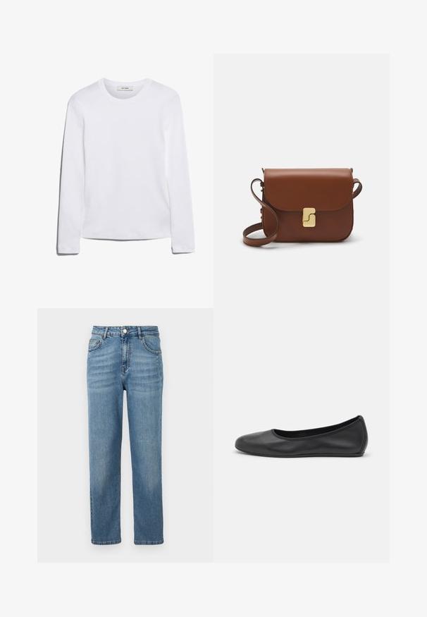 Bieza piedurkņu balta T-krekls, izgatavots no ribota kokvilnas, ar apaļu kakla izgriezumu un taisnu apakšmalu. Vienkāršs dizains bez rakstiem vai akcentiem.; Gai zili džinsi ar taisnu kāju griezumu, redzamām priekšējām kabatām, pogu aizdari un vieglu nolietojumu tekstūrai.; Melna ādas baleta kurpe ar noapaļotu purngalu, gludu tekstūru, minimālu šuvju detalizāciju un elastīgu zoles dizainu.; Bordo ādas rokas soma ar atloku, zeltītām detaļām, plecu siksnu un gludu virsmu. Kompakta, taisnstūrveida forma.