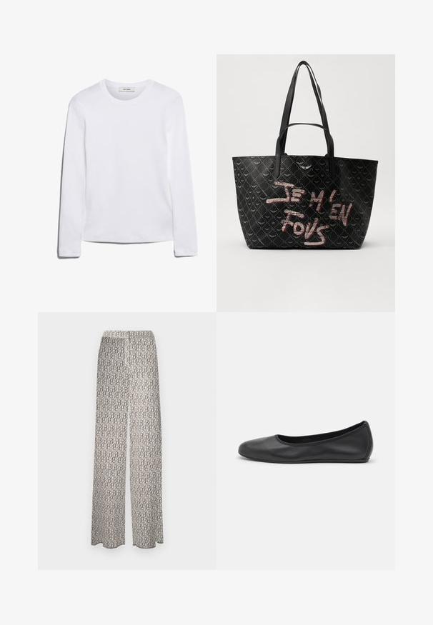 Bela majica s dolgimi rokavi iz rebrastega bombaža, s krožnim izrezom in ravnim robom. Enostaven dizajn brez vzorcev ali naglasov.; Široke hlače iz lahkega blaga s ponavljajočim se abstraktnim vzorcem v zemeljskih tonih. Elastičen pas za udobje, brez dodatnih detajlov.; Črne usnjene balerinke z zaobljenim nosom, gladko teksturo, minimalnimi šivi in fleksibilno zasnovo podplata.; Črna torba z ramenskimi trakovi, izdelana iz teksturiranega materiala z diamantom vzorcem, ter drznim rdečim in belim besedilom "JE M'EN FOUS."