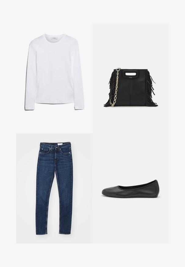 Hosszú ujjú fehér póló bordázott pamutból, kerek nyakkivágással és egyenes szegéllyel. Egyszerű dizájn, minta vagy díszítések nélkül.; Sötétkék farmernadrág, slim fit szabással, gombos és cipzáras záródással, öt zsebbel és kontrasztos varrási részletekkel.; Fekete bőr balettcipő lekerekített orral, sima tekstúrával, minimális varrással és rugalmas talp kialakítással.; Fekete bőr kézitáska, frufrus részletekkel, arany láncos vállpánttal és kivágott fogantyúval. Az elülső részen logó található.