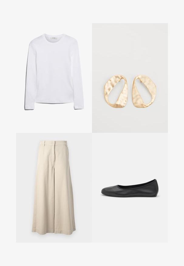 T-shirt blanc à manches longues en coton côtelé, avec un col rond et un ourlet droit. Design simple sans motifs ni accents.; Pantalons beige à jambes larges avec fermeture à bouton et poches avant. Fabriqués en coton doux, avec une taille ajustée et des finitions soignées.; Ballerines en cuir noir avec un bout rond, texture lisse, détails de couture minimalistes et design de semelle flexible.; Une paire de boucles d'oreilles en métal doré, de forme ovales irrégulières, avec une surface texturée et légèrement martelée sur fond blanc.