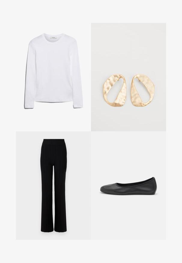 Dugi rukav bijela majica od rebrastog pamuka, s okruglim izrezom i ravnim rubom. Jednostavan dizajn bez uzoraka ili naglasaka.; Crne rebraste hlače s širokim krojem, elastičnom strukom i teksturiranim materijalom, s vertikalnim prugama po cijeloj površini.; Crne kožne baletanke s zaobljenim vrhom, glatke teksture, minimalnim detaljima šavova i fleksibilnim dizajnom potplata.; Par zlatnih metalnih naušnica nepravilnog ovalnog oblika s teksturiranom, blago kovanom površinom na bijeloj pozadini.