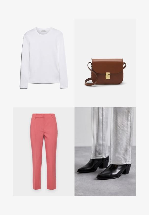 Pikkade varrukatega valge T-särk, mis on valmistatud ribakujulisest puuvillast, ümmarguse kaeluse ja sirge hemiga. Lihtne disain ilma mustrite või aktsentideta.; Kohandatud roosad püksid, mis on kitsas lõikes, küljetaskudega, sujuva tekstuuriga ja sirge säärega disainiga.; Must musta ankle boots, mille musta ja terava nina ning plokkjala, kombineeritud läikivate hõbedaste pükstega, esitades sujuvaid tekstuure ja kontrastseid värve.; Pruunist nahast käekott, millel on klapiga sulgur, kuldne riistvara, õlarihm ja sile tekstuur. Kompaktne ristkülikukujuline vorm.