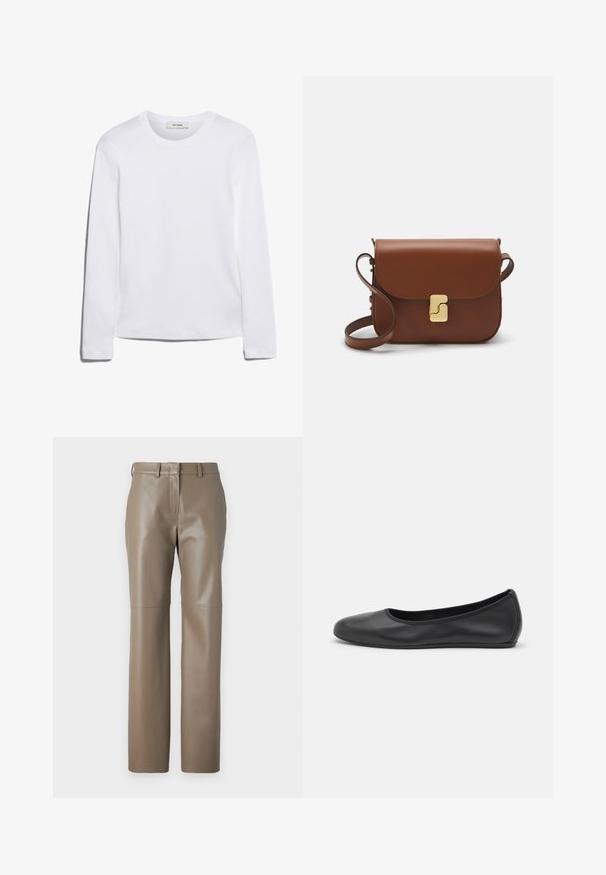 Balta ilga rankovė T-marškiniai, pagaminti iš dryžuoto medvilnės, su apvaliu kaklu ir tiesia apatine dalimi. Paprastas dizainas be raštų ar akcentų.; Rudos odinės kelnės su tiesiu siluetu, su vidutinio aukščio juosmeniu ir subtiliais siūlų akcentais. Lygi tekstūra su blizgiu paviršiumi.; Juodai odiniai baletai su apvaliu pirštu, lygi texture, minimalus siuvimo detales ir lanksčiu padų dizainu.; Ruda odinė rankinė su uždaromu dangteliu, aukso spalvos detalėmis, petneša ir lygiu paviršiumi. Kompaktiška stačiakampio formos.