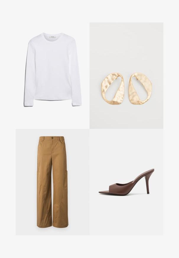 Pikkade varrukatega valge T-särk, mis on valmistatud ribakujulisest puuvillast, ümmarguse kaeluse ja sirge hemiga. Lihtne disain ilma mustrite või aktsentideta.; Pruunid laiad püksid, mis on valmistatud puuvillast, sisaldavad nööbi kinnitust, küljetaskuid ning väljapaistvat õmblusdetaili.; Pruunid nahast avatud varvastega kõrged kontsad, millel on stiilne disain, laia eesrihma ja peene stilettokontsaga.; Eba paar eba ebaorditud ovaalkujulisi kuldehhe kaal setertu, kerge keersuju pinnaga valgel taustal.