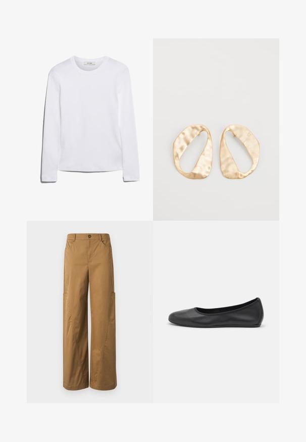 T-shirt bianco a maniche lunghe realizzato in cotone a coste, con scollo rotondo e orlo dritto. Design semplice senza motivi o accenti.; Pantaloni a gamba larga marroni in cotone, con chiusura a bottone, tasche laterali e dettagli di cucitura evidenti.; Pantofole da balletto nere in pelle con punta arrotondata, texture liscia, dettagli di cucitura minimi e design con suola flessibile.; Un paio di orecchini in metallo di tonalità dorata, di forma ovale irregolare, con superficie texturizzata e leggermente martellata, su uno sfondo bianco.