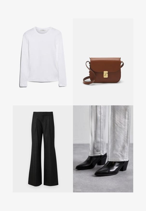 Bieza piedurkņu balta T-krekls, izgatavots no ribota kokvilnas, ar apaļu kakla izgriezumu un taisnu apakšmalu. Vienkāršs dizains bez rakstiem vai akcentiem.; Alice + Olivia Auduma bikses - charcoal grey; Melni ādas potīšu zābaki ar norādītu pirkstu un kvadrātveida papēdi, apvienoti ar spīdīgām sudraba biksēm, izceļot elegantas faktūras un kontrastējošas krāsas.; Bordo ādas rokas soma ar atloku, zeltītām detaļām, plecu siksnu un gludu virsmu. Kompakta, taisnstūrveida forma.