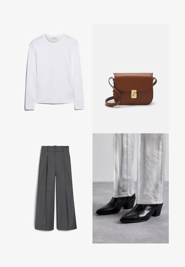 Wit T-shirt met lange mouwen, gemaakt van ribgebreide katoen, met een ronde halslijn en een rechte zoom. Eenvoudig ontwerp zonder patronen of accenten.; Grijze wijde broek gemaakt van textuurstof, met een hoge tailleband, twee voorplooien en een losse pasvorm.; Zwarte leren enkellaarzen met een spitse neus en blokhak, gecombineerd met glanzende zilveren broeken, die slanke texturen en contrasterende kleuren laten zien.; Bruine leren handtas met een klep sluiting, gouden hardware, een schouderband en een gladde textuur. Compact rechthoekige vorm.