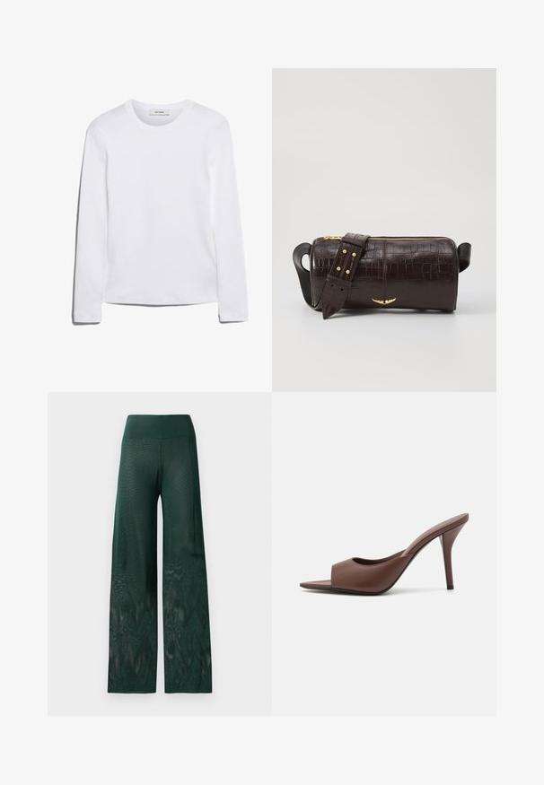 Long-sleeve white T-shirt made of ribbed cotton, featuring a round neckline and a straight hem. Simple design with no patterns or accents.; Green wide-leg pants in lightweight mesh with a zigzag pattern at the hem. Features a smooth waistband for comfort.; Brown leather open-toe high-heeled mules with a sleek design, featuring a wide front strap and a slender stiletto heel.; Brown crocodile-embossed leather bag with a cylindrical shape, gold-tone hardware, and a detachable strap featuring studs.; Pair of irregular oval-shaped gold-toned metal earrings with a textured, slightly hammered surface on a white background.