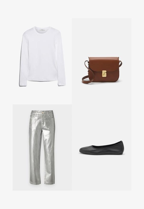 Pitkähihainen valkoinen T-paita, joka on valmistettu ribbitetystä puuvillasta, ja siinä on pyöreä kaula-aukko sekä suora helma. Yksinkertainen muotoilu ilman kuvioita tai yksityiskohtia.; Helsinki metallinhohtoiset farkut suoranlahkeisina, viiden taskun muotoilulla, vetoketjullisella ja napitetulla kiinnityksellä. Sileä pinta kiiltävällä viimeistelyllä.; Musta nahkainen ballerina, jossa on pyöristetty kärki, sileä pinta, minimaalinen ommelkoristelu ja joustava pohjamuotoilu.; Ruskea nahkainen käsilaukku, jossa on läppäkiinnitys, kultasävyiset yksityiskohdat, olkahihna ja sileä pinta. Kompaktin suorakaiteen muotoinen.