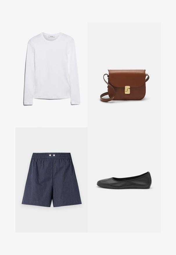 T-shirt blanc à manches longues en coton côtelé, avec un col rond et un ourlet droit. Design simple sans motifs ni accents.; Shorts rayés bleu marine avec taille élastique, dotés de deux boutons blancs à l'avant, fabriqués en tissu léger.; Ballerines en cuir noir avec un bout rond, texture lisse, détails de couture minimalistes et design de semelle flexible.; Sac à main en cuir marron avec une fermeture à rabat, des accents en métal doré, une bandoulière et une texture lisse. Forme rectangulaire compacte.