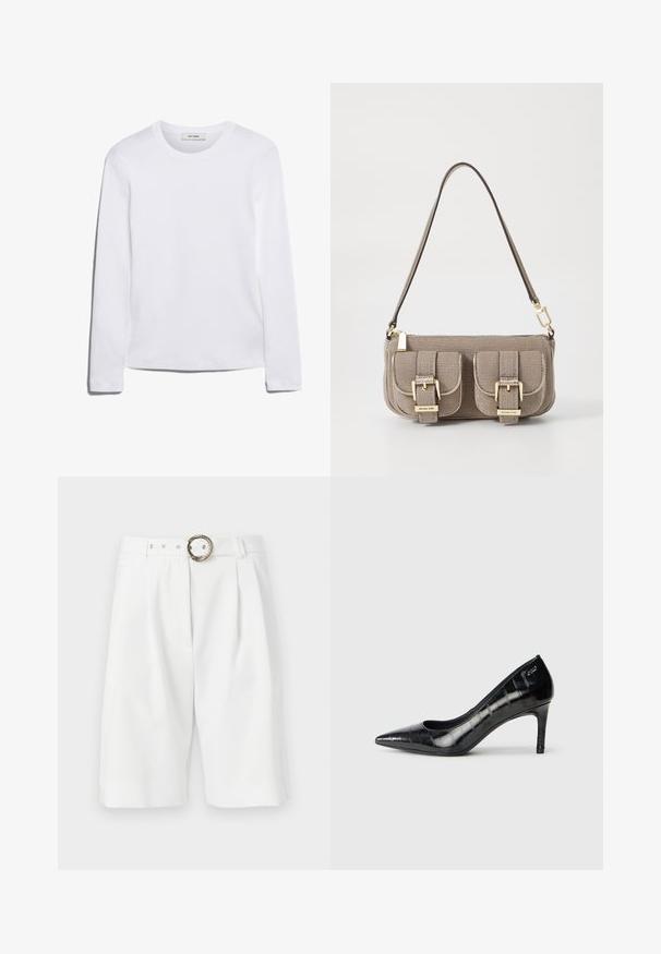 Langermet hvit T-skjorte laget av ribbet bomull, med rund halslinning og rett kant. Enkel design uten mønstre eller aksenter.; Hvite skreddersydde shorts med vid passform, med en beltespenne i metall med tau-mønster, folder og et rent design. Glatt tekstur.; Sorte spisse høye hæler med en blank finish og et subtilt teksturmønster. Har en moderat hæl og åpen halsdesign.; Beige teksturert veske med justerbar stropp, to frontlommer sikret med spenner, og detaljer i gull. Glidelåslukking på toppen.