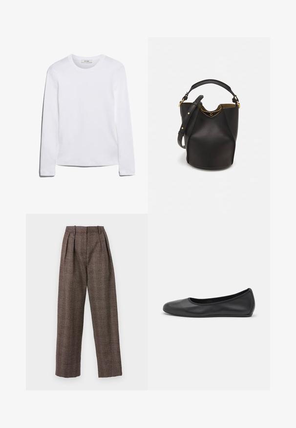 Pitkähihainen valkoinen T-paita, joka on valmistettu ribbitetystä puuvillasta, ja siinä on pyöreä kaula-aukko sekä suora helma. Yksinkertainen muotoilu ilman kuvioita tai yksityiskohtia.; Ruskea ruudullinen housut leveillä lahkeilla, poimutetulla edellä ja tekstuurilla. Mallissa on sinisiä ja beigen värisiä viivoja.; Musta nahkainen ballerina, jossa on pyöristetty kärki, sileä pinta, minimaalinen ommelkoristelu ja joustava pohjamuotoilu.; Mustan nahka-buckettikassi, jossa on teksturoitu pinta, kultaiset metalliosat ja avoin yläosa. Ominaisuuksiin kuuluu lyhyt kahva ja säädettävä olkahihna.