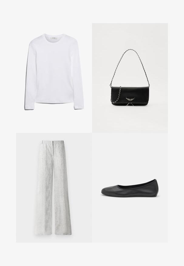 Dlhý rukáv biely tričko vyrobené z rebrovanej bavlny, s okrúhlym výstrihom a rovnými okrajmi. Jednoduchý dizajn bez vzorov alebo akcentov.; Svetlošedé nohavice so širokými nohavicami vyrobené z textúrovaného materiálu s jemnými vertikálnymi prúžkami. Obsahujú predné zapínanie na zips a pútka na pás.; Čierne kožené baleríny s okrúhlou špičkou, hladkým povrchom, minimálnym prešívaním a flexibilným dizajnom podrážky.; Čierna kožená kabelka so strieborným reťazovým popruhom, so zdobnými krídelnými akcentmi a bielym prešívaním pozdĺž dolného švu.