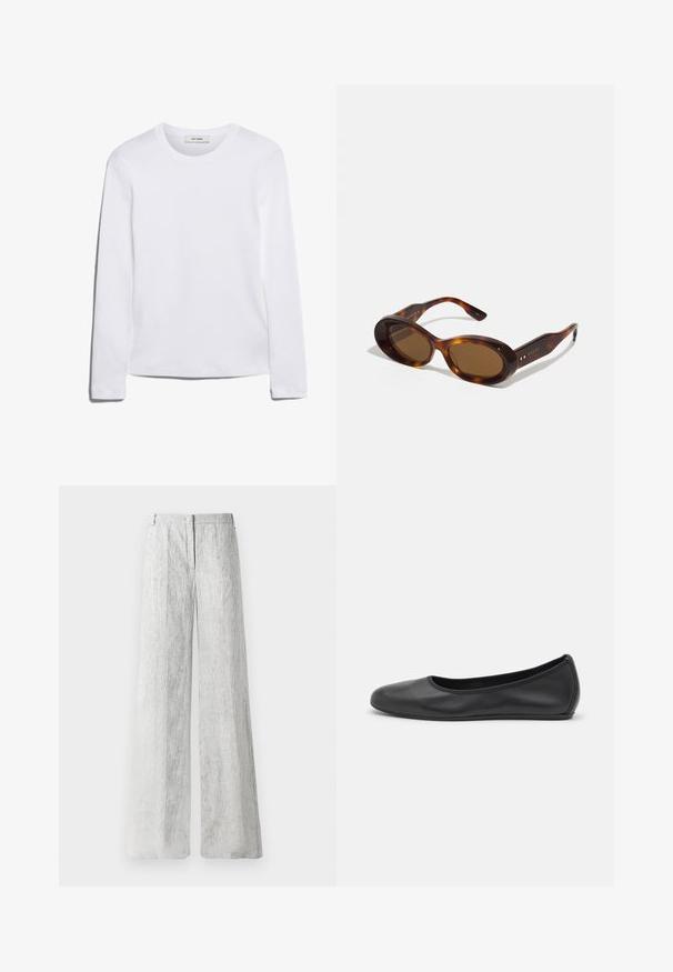 Balta ilga rankovė T-marškiniai, pagaminti iš dryžuoto medvilnės, su apvaliu kaklu ir tiesia apatine dalimi. Paprastas dizainas be raštų ar akcentų.; Šviesiai pilkos spalvos pločio kelnės, pagamintos iš tekstūruoto audinio su subtiliomis vertikaliomis linijomis. Yra priekinis užtrauktukas ir diržo kilpos.; Juodai odiniai baletai su apvaliu pirštu, lygi texture, minimalus siuvimo detales ir lanksčiu padų dizainu.; Tortoiso akies saulės akiniai su ovaliais objektyvais, rusvu tonu ir auksiniais akcentais ant šonų. Stori rėmeliai su blizgiu paviršiumi ir glotnia tekstūra.