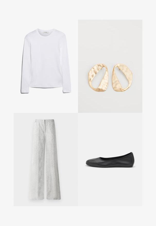Long-sleeve white T-shirt made of ribbed cotton, featuring a round neckline and a straight hem. Simple design with no patterns or accents.; Light grey, wide-leg trousers made from a textured fabric with subtle vertical lines. Features a front zip closure and belt loops.; Black leather ballet flat with a rounded toe, smooth texture, minimal stitching detail, and a flexible sole design.; Pair of irregular oval-shaped gold-toned metal earrings with a textured, slightly hammered surface on a white background.