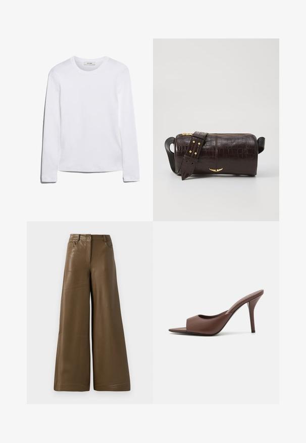 Bieza piedurkņu balta T-krekls, izgatavots no ribota kokvilnas, ar apaļu kakla izgriezumu un taisnu apakšmalu. Vienkāršs dizains bez rakstiem vai akcentiem.; Platīna bikses, kas izgatavotas no gludas, brūnas mākslīgās ādas. Iezīmē augstu jostasvietu, četras kabatas un priekšējo rāvējslēdzēju. Gluda tekstūra un minimālistisks dizains.; Brūni ādas atvērtas pirksta augstpapēžu čības ar elegantu dizainu, kas iezīmējas ar plašu priekšējo siksniņu un slaidu stiletto papēdi.; Brūna krokodila ādas soma ar cilindrisku formu, zelta toni aparatūru un noņemamu siksnu ar studiem.; Pāris neregulāras ovālas formas zelta toņos metāla auskaru ar teksturētu, nedaudz sitētu virsmu uz baltas fona.