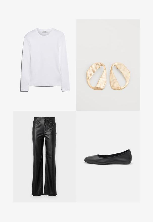 T-shirt bianco a maniche lunghe realizzato in cotone a coste, con scollo rotondo e orlo dritto. Design semplice senza motivi o accenti.; Pantaloni in pelle nera con design a gamba dritta, dotati di chiusura a bottone, passanti per cintura e tasche frontali. Texture liscia e dettagli minimi.; Pantofole da balletto nere in pelle con punta arrotondata, texture liscia, dettagli di cucitura minimi e design con suola flessibile.; Un paio di orecchini in metallo di tonalità dorata, di forma ovale irregolare, con superficie texturizzata e leggermente martellata, su uno sfondo bianco.