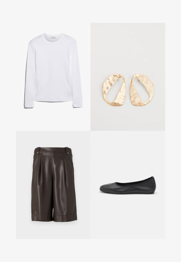 Long-sleeve white T-shirt made of ribbed cotton, featuring a round neckline and a straight hem. Simple design with no patterns or accents.; Brown faux leather shorts with a pleated design, flat front, and folded cuffs. Features two side buttons at the waist. Smooth texture.; Black leather ballet flat with a rounded toe, smooth texture, minimal stitching detail, and a flexible sole design.; Pair of irregular oval-shaped gold-toned metal earrings with a textured, slightly hammered surface on a white background.