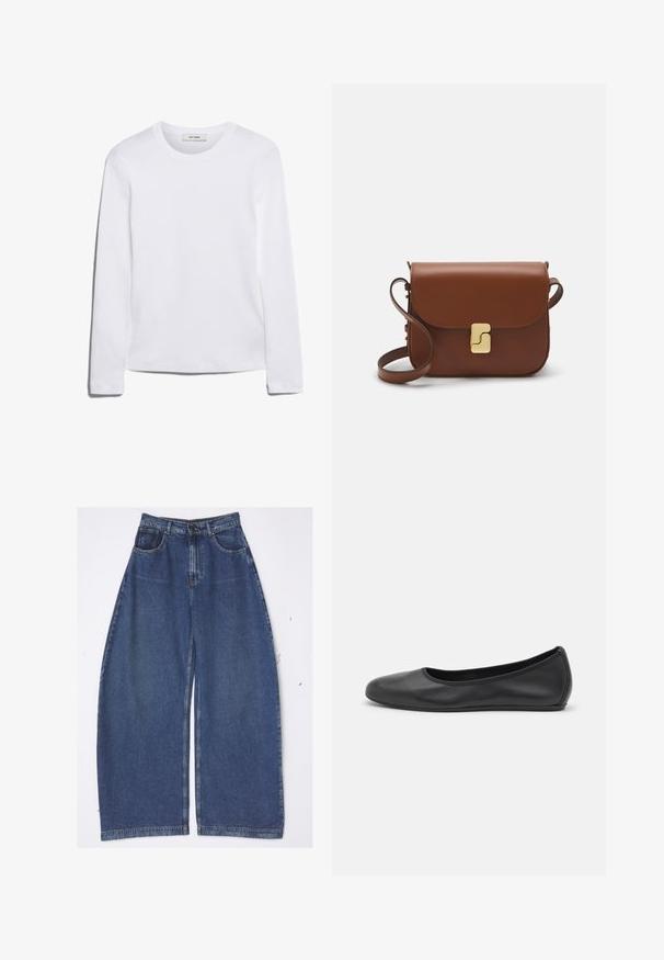 Bela majica s dolgimi rokavi iz rebrastega bombaža, s krožnim izrezom in ravnim robom. Enostaven dizajn brez vzorcev ali naglasov.; A.W.A.K.E. MODE RECYCLED ROUNDED - Široke kavbojke - blue; Črne usnjene balerinke z zaobljenim nosom, gladko teksturo, minimalnimi šivi in fleksibilno zasnovo podplata.; Rjava usnjena torbica s poklopcem, zlato obarvani okovi, naramnica in gladka tekstura. Kompaktna pravokotna oblika.