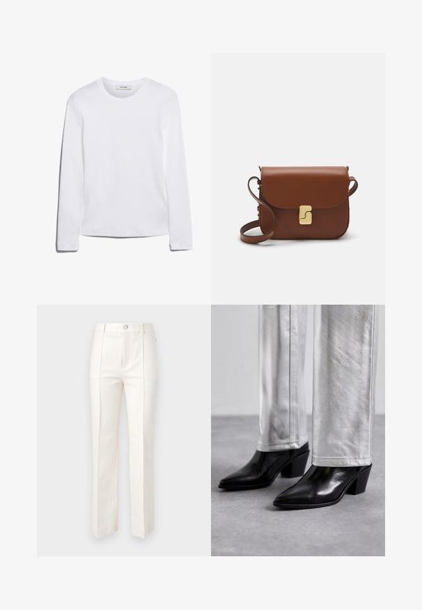 Bieza piedurkņu balta T-krekls, izgatavots no ribota kokvilnas, ar apaļu kakla izgriezumu un taisnu apakšmalu. Vienkāršs dizains bez rakstiem vai akcentiem.; Balti taisni bikses no kokvilnas auduma, ar gludu tekstūru, diviem priekšējiem skārieniem un jostasvietu ar vienu pogu.; Melni ādas potīšu zābaki ar norādītu pirkstu un kvadrātveida papēdi, apvienoti ar spīdīgām sudraba biksēm, izceļot elegantas faktūras un kontrastējošas krāsas.; Bordo ādas rokas soma ar atloku, zeltītām detaļām, plecu siksnu un gludu virsmu. Kompakta, taisnstūrveida forma.