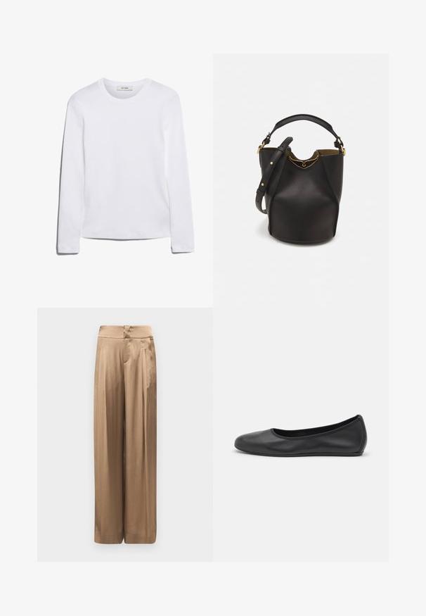 Pikkade varrukatega valge T-särk, mis on valmistatud ribakujulisest puuvillast, ümmarguse kaeluse ja sirge hemiga. Lihtne disain ilma mustrite või aktsentideta.; Laiad jalad metallik pronksist kangast. Omab siledat tekstuuri, kõrget vöökohta ja esipleate, mis lisavad kuju.; Musthave mustika tantsutossud mustast nahast, ümmarguse varbaga, siledast tekstuurist, minimaalse õmblusdetailiga ja paindliku tallakujundusega.; Mustast nahkämbriga kott tekstuurses viimistluses, kuldsete metalldetailide aktsentidega ja avatud ülaosaga. Omab lühikest käepidet ja reguleeritavat õlavarre rihma.