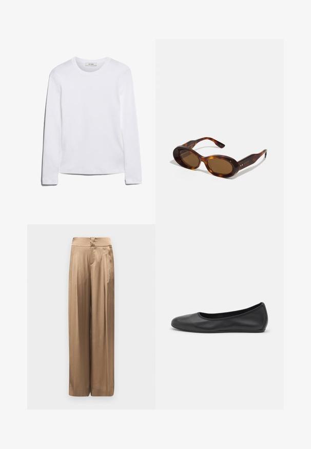 Bílé tričko s dlouhým rukávem vyrobené z žebrované bavlny, s kulatým výstřihem a rovnými lemy. Jednoduchý design bez vzorů nebo akcentů.; Široké kalhoty z metalického bronzového materiálu. Mají hladkou strukturu, vysoký pas a přední záhyby pro zvýraznění tvaru.; Černé kožené baletní byty s kulatou špičkou, hladkou texturou, minimálními švy a flexibilním designem podrážky.; Kočičí sluneční brýle s oválnými skly, hnědým tónem a zlatými akcenty na ramenech. Silné rámy s lesklým povrchem a hladkou texturou.