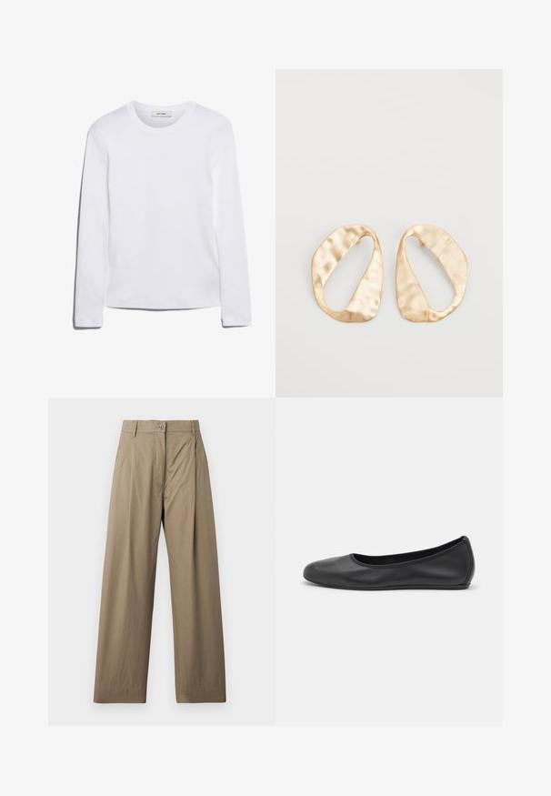 Long-sleeve white T-shirt made of ribbed cotton, featuring a round neckline and a straight hem. Simple design with no patterns or accents.; Khaki wide-leg trousers made of cotton blend fabric, featuring a button closure, side pockets, and a smooth texture with subtle sheen.; Black leather ballet flat with a rounded toe, smooth texture, minimal stitching detail, and a flexible sole design.; Pair of irregular oval-shaped gold-toned metal earrings with a textured, slightly hammered surface on a white background.