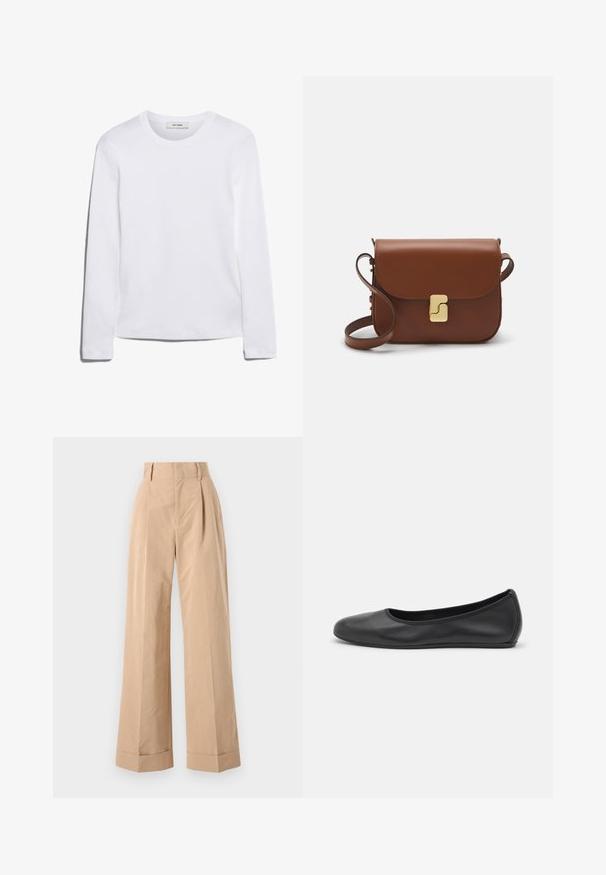 Dlhý rukáv biely tričko vyrobené z rebrovanej bavlny, s okrúhlym výstrihom a rovnými okrajmi. Jednoduchý dizajn bez vzorov alebo akcentov.; Béžové nohavice s širokými nohavicami a vysokým pásom, so záhybmi a hladkou textúrou. Rukávy sú prehnuté, čo pridáva na štruktúrovanosti.; Čierne kožené baleríny s okrúhlou špičkou, hladkým povrchom, minimálnym prešívaním a flexibilným dizajnom podrážky.; Hnedá kožená kabelka s klopou, zlatými kovovými prvkami, ramenným popruhom a hladkým povrchom. Kompaktný obdĺžnikový tvar.