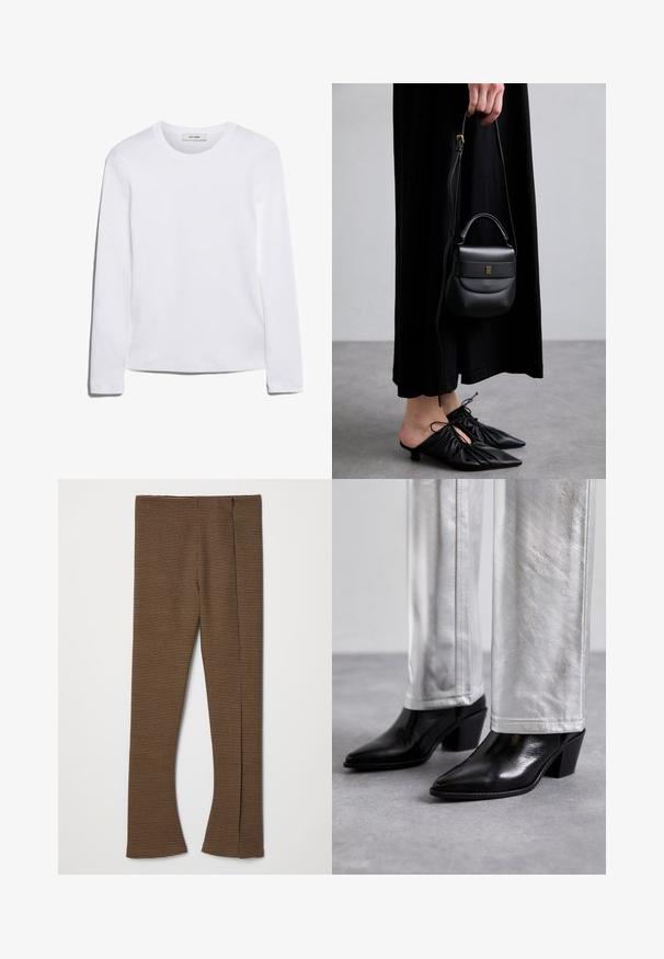 Camiseta de manga larga blanca hecha de algodón acanalado, con un cuello redondo y un dobladillo recto. Diseño simple sin patrones ni acentos.; Pantalones de campana de cuadros marrones con un tejido texturizado, cinturilla alta y cierre de cremallera en el lateral.; Botas de cuero negras hasta el tobillo con punta afilada y tacón cuadrado, combinadas con pantalones plateados brillantes, mostrando texturas elegantes y colores contrastantes.; Pequeña bolsa de cuero negra con forma redondeada, asa superior y correa desmontable. Llevada con un vestido de tela negra y zapatos plisados negros.