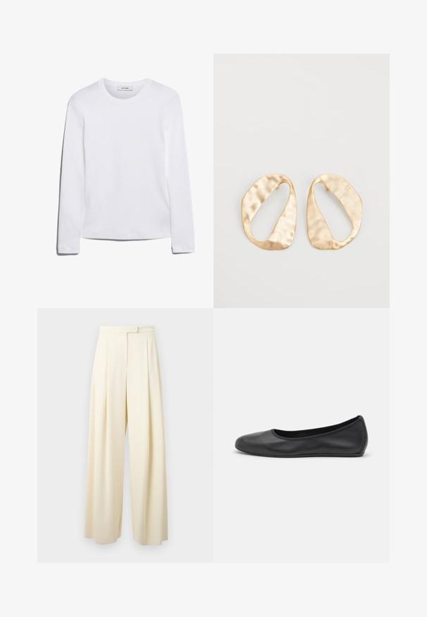 Langermet hvit T-skjorte laget av ribbet bomull, med rund halslinning og rett kant. Enkel design uten mønstre eller aksenter.; Vide benbukser i en lys kremfarge, med flat foran, innsnitt og en glatt stofftekstur. Ingen synlig maskinvare eller detaljer.; Svart skinnballettflatt med rund tå, glatt tekstur, minimal sømdetalj, og et fleksibelt såledesign.; Et par av uregelmessige ovale gyllenfargede metalløreringer med en teksturert, lett hamret overflate på en hvit bakgrunn.