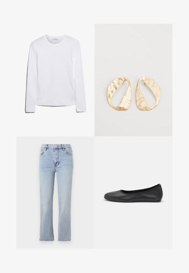 Langermet hvit T-skjorte laget av ribbet bomull, med rund halslinning og rett kant. Enkel design uten mønstre eller aksenter.; Lys blå denim jeans med rett ben-design, fem lommer, en knapp- og glidelås-lukking, og synlige sømdetaljer.; Svart skinnballettflatt med rund tå, glatt tekstur, minimal sømdetalj, og et fleksibelt såledesign.; Et par av uregelmessige ovale gyllenfargede metalløreringer med en teksturert, lett hamret overflate på en hvit bakgrunn.