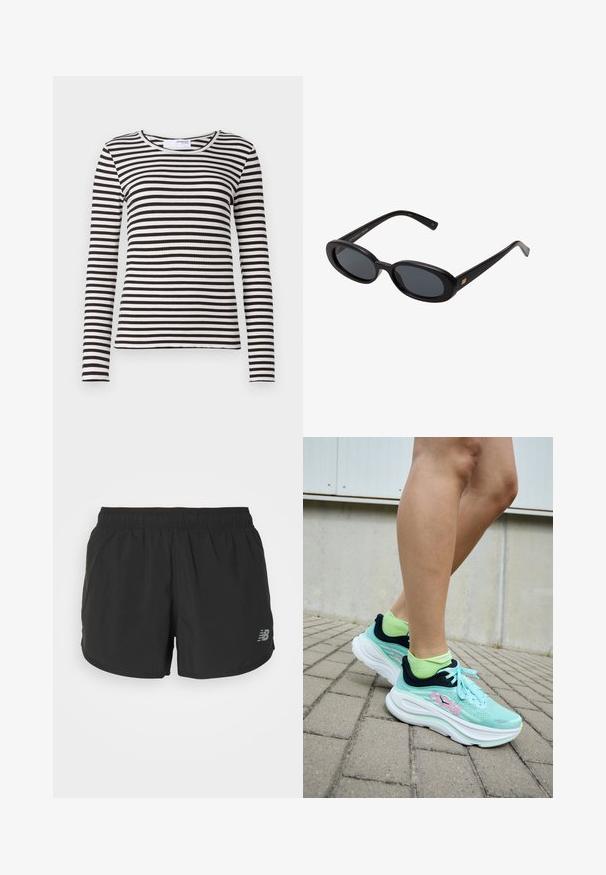 Top de manga longa, com textura canelada, apresentando riscas horizontais numa combinação de preto e branco. Decote redondo clássico com um ajuste justo. Textura suave.; Calções de treino pretos com um cós elástico, feitos de tecido leve. Apresenta um pequeno logotipo cinza no lado inferior direito.; Ténis HOKA em azul claro com detalhes em azul escuro e logótipo rosa; parte superior em malha e sola branca espessa; combinados com meias verdes brilhantes.; Óculos de sol pretos oversized com lentes ovais, armação de plástico suave e detalhes em dourado nas hastes. As lentes escuras oferecem proteção solar.