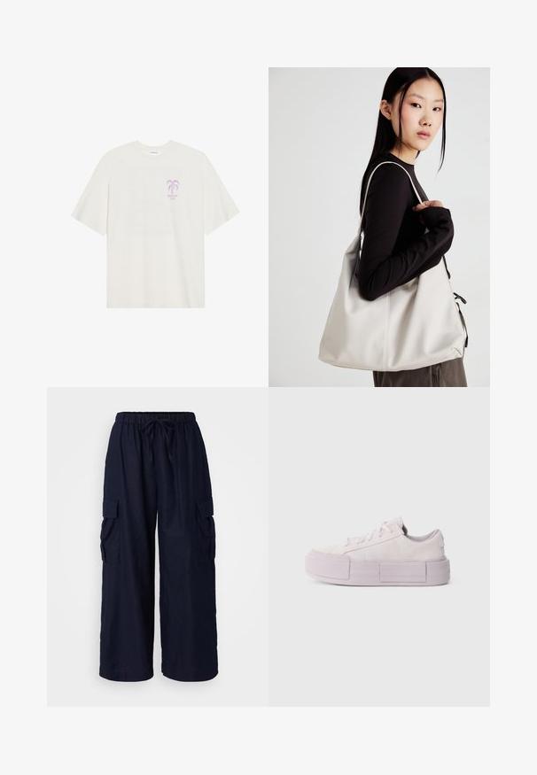 Krémové tričko vyrobené z mäkkej látky, s grafikou fialovej palmy a textom "SUNSHINE CLUB" na prednej strane. Priestranný strih, krátke rukávy.; Námorníckom modré cargo nohavice so voľným strihom, elastickým pásom so sťahovacou šnúrkou a dvoma bočnými vreckami. Vyrobené z ľahkej tkaniny.; Svetlofialové platformové sneakers vyrobené z kože, s okrúlym špičkou, šnurovacími detailmi a textúrovanými bočnými panelmi. Ploché gumové podrážky, nízky profil.; Béžová kabelka vyrobená z mäkkého materiálu, s uvoľneným dizajnom, prišitými detailmi a dvoma popruhmi na nosenie na pleciach. Vhodná na každodenné nosenie.